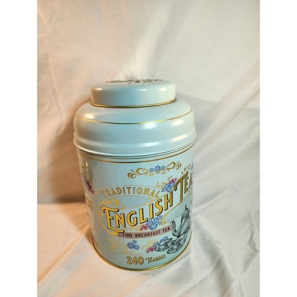New English Teas‎ Vintage Tea Caddy Tin Forget Me Not Blue Large Empty